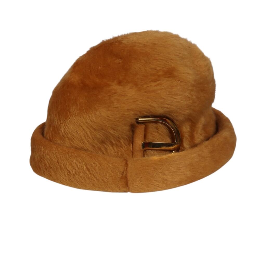 Vintage 60s Echter Mayser Plush Fur Bucket Cloche Hat Caramel Gold Buckle German